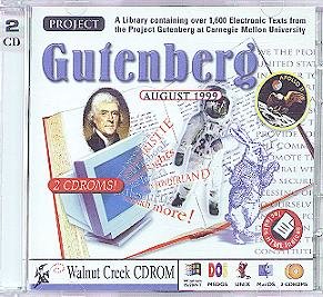 Project Gutenberg's database of e-texts were placed on CD-ROM, like the one shown above.
