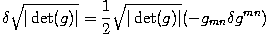 \delta\sqrt{|\det(g)|}=\frac{1}{2} \sqrt{|\det(g)|} (-g_{mn} \delta g^{mn})