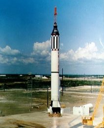 , launch of Redstone rocket and NASA's Mercury 3 capsule with on the United States' first human flight into sub-orbital space. (Atlas rockets were used to launch Mercury's orbital missions.)