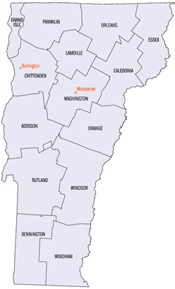 Vermont has 14 counties. Four counties border Quebec in Canada to the north, and two border Massachusetts in the south. In the west is New York and in the east is New Hampshire, each bordered by five counties each. Only two of Vermont's counties&mdash;Lamoille and Washington&mdash;are entirely surroundered by Vermont territory.