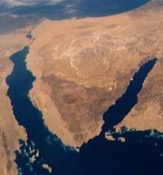 Sinai Peninsula, Gulf of Suez (west), Gulf of Aqaba (east) from Space Shuttle STS-40