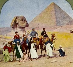 Nineteenth-century tourists in front of the Sphinx. View from South-East, Great Pyramid in background.