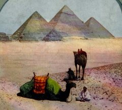 Giza pyramids, view from south in late nineteenth century. From left: Menkaure pyramid, Khafre pyramid, Great (Khufu) pyramid.